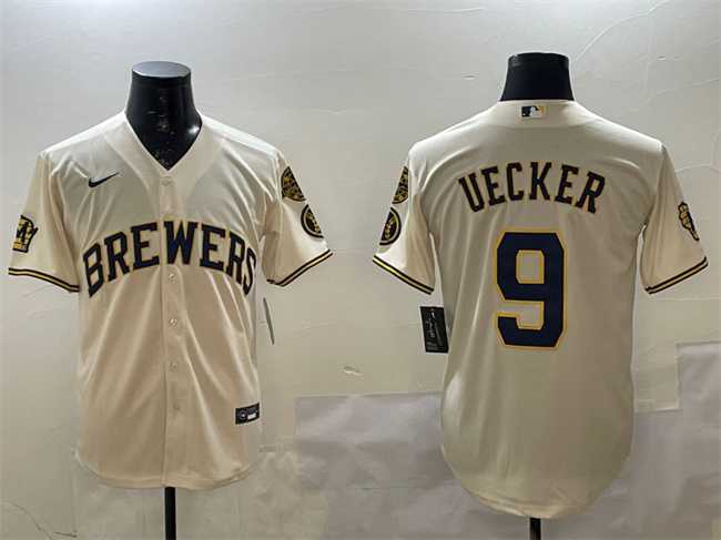 Mens Milwaukee Brewers #9 Bob Uecker Cream With Home Patch Stitched Jersey